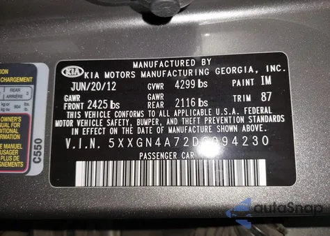 2013 Kia Optima Ex z USA, uszkodzony, nr VIN 5XXGN4A72DG094230